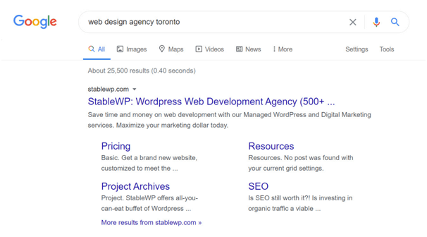 Google SERP for web design agency