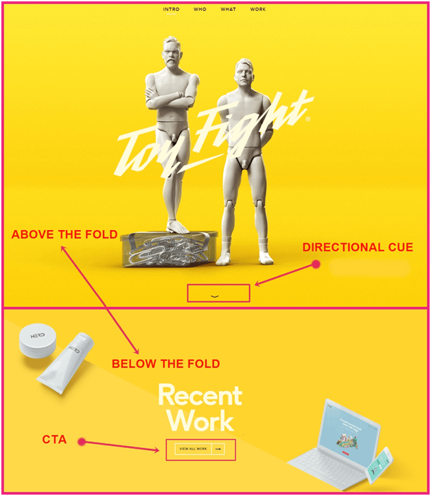 Place CTAs below the fold with directional cues 