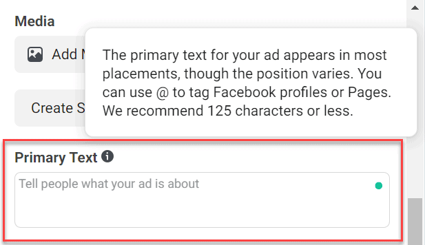 facebook ads primary text section in ads manager