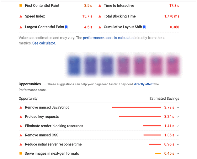 Pagespeed insights report showing opportunities how to optimize web core vitals