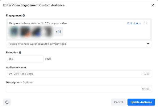 example of creating custom audience based on people who have watched a specific portion of the video
