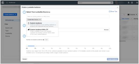 example of creating a lookalike audience in facebook ad manager